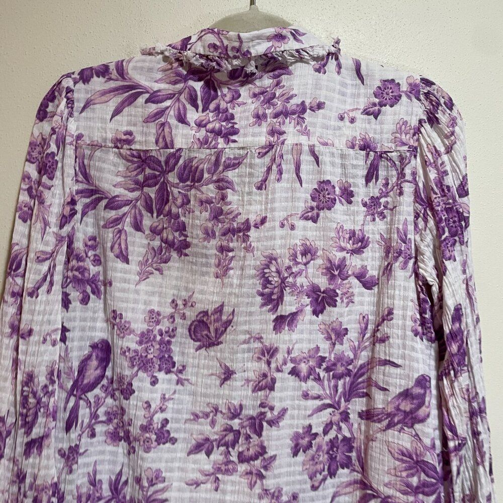 Sundance Sz XS Chantilly Blooms Button Down Top Blouse White Purple Floral Bird - Picture 10 of 12